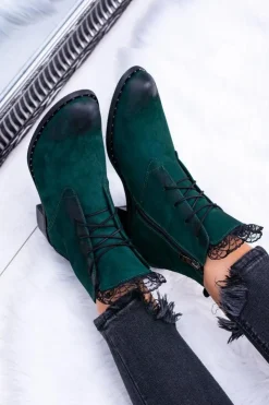 Hot Boto Skórzane Zielone Damskie Botki Z Koronką Millano