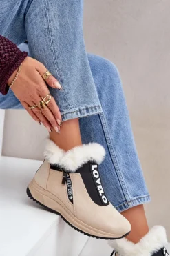 Damskie Boto Sneakersy Botki Damskie Z Futerkiem Beżowe Zeriana