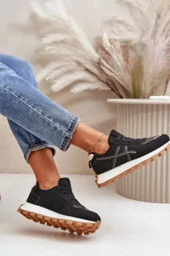 Damskie Boto Sneakersy Buty Sportowe Damskie Sznurowane Na Platformie Czarne Mialunae