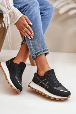Damskie Boto Sneakersy Buty Sportowe Damskie Sznurowane Na Platformie Czarne Mialunae