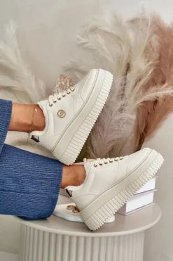 Damskie Boto Sneakersy Buty Sportowe Damskie Ocieplane Na Masywnej Podeszwie Beżowe Ardiela