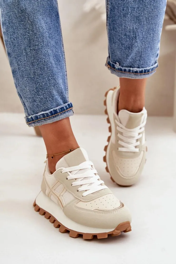 Clearance Boto Sneakersy Buty Sportowe Damskie Sznurowane Na Platformie Beżowe Mialunae