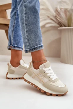 Clearance Boto Sneakersy Buty Sportowe Damskie Sznurowane Na Platformie Beżowe Mialunae