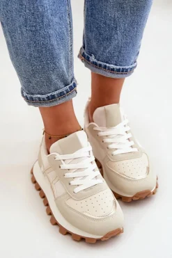 Clearance Boto Sneakersy Buty Sportowe Damskie Sznurowane Na Platformie Beżowe Mialunae