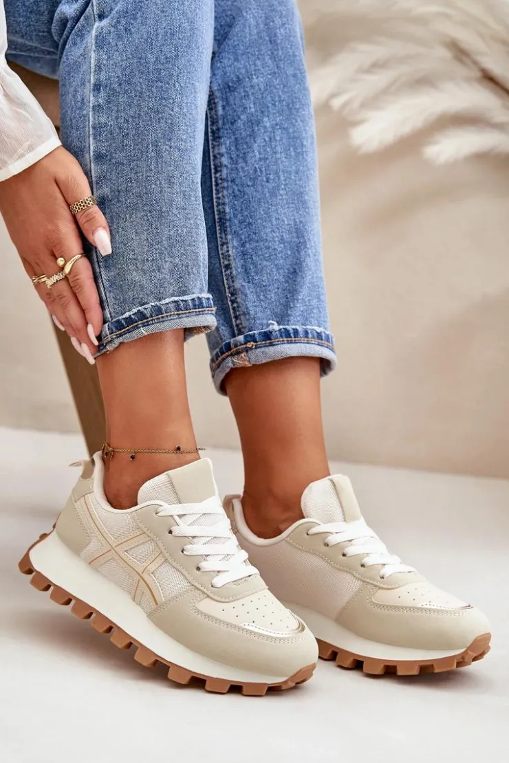 Clearance Boto Sneakersy Buty Sportowe Damskie Sznurowane Na Platformie Beżowe Mialunae