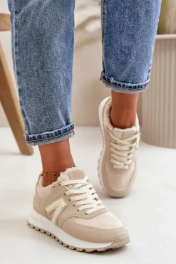 Boto Sneakersy Damskie*Sneakersy Buty Sportowe Damskie Ocieplane Kożuchem Beżowe Ciamara