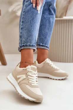 Boto Sneakersy Damskie*Sneakersy Buty Sportowe Damskie Ocieplane Kożuchem Beżowe Ciamara