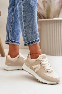 Boto Sneakersy Damskie*Sneakersy Buty Sportowe Damskie Ocieplane Kożuchem Beżowe Ciamara