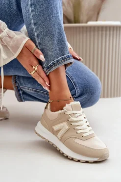 Boto Sneakersy Damskie*Sneakersy Buty Sportowe Damskie Ocieplane Kożuchem Beżowe Ciamara