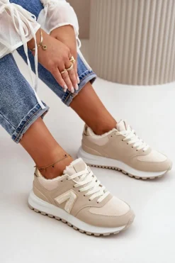 Boto Sneakersy Damskie*Sneakersy Buty Sportowe Damskie Ocieplane Kożuchem Beżowe Ciamara