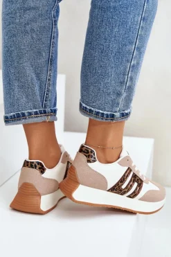 Damskie Boto Sneakersy Buty Sportowe Na Platformie Panterka Damskie Beżowe Thari