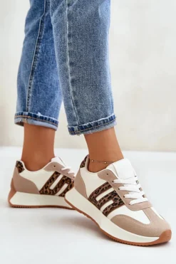 Damskie Boto Sneakersy Buty Sportowe Na Platformie Panterka Damskie Beżowe Thari