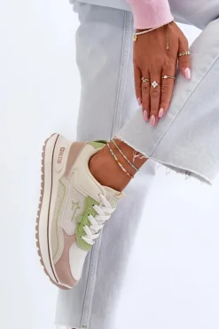 Outlet Big Star Shoes Sneakersy Damskie Big Star NN274A091 Beżowo-Zielone