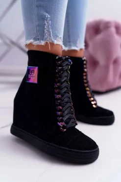 Damskie Boto Sneakersy Damskie Lu Boo Czarne Zamszowe z Opalizującymi Łańcuchami Monica