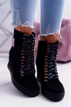 Damskie Boto Sneakersy Damskie Lu Boo Czarne Zamszowe z Opalizującymi Łańcuchami Monica