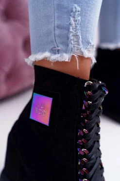 Damskie Boto Sneakersy Damskie Lu Boo Czarne Zamszowe z Opalizującymi Łańcuchami Monica