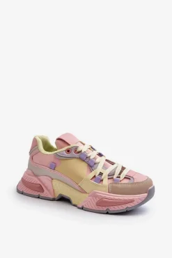 Boto Sneakersy Damskie*Sneakersy Damskie Na Grubej Podeszwie Różowo-Żółte Peonema