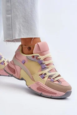 Boto Sneakersy Damskie*Sneakersy Damskie Na Grubej Podeszwie Różowo-Żółte Peonema