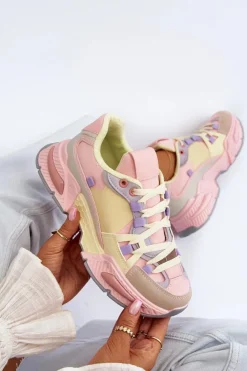 Boto Sneakersy Damskie*Sneakersy Damskie Na Grubej Podeszwie Różowo-Żółte Peonema