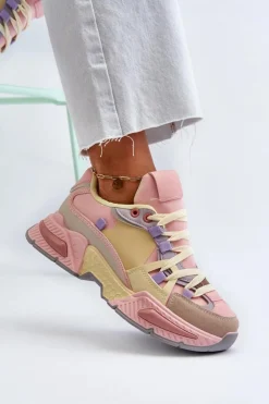 Boto Sneakersy Damskie*Sneakersy Damskie Na Grubej Podeszwie Różowo-Żółte Peonema
