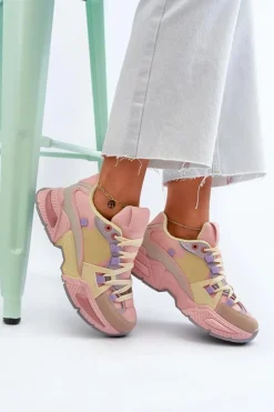 Boto Sneakersy Damskie*Sneakersy Damskie Na Grubej Podeszwie Różowo-Żółte Peonema
