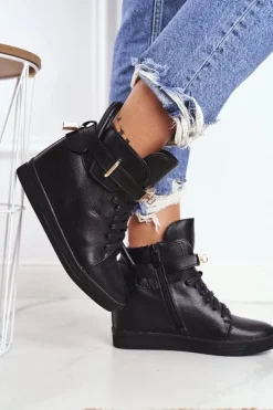 Damskie Boto Sneakersy Damskie Na Koturnie Złota Kłódka Całe Czarne Tersey