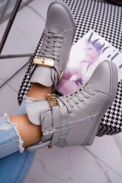 Boto Sneakersy Damskie*Sneakersy Damskie Na Koturnie Złota Kłódka Szare Tersey