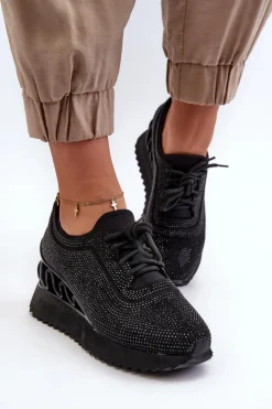Hot Damskie buty S.Barski Sneakersy Damskie Na Koturnie Zdobione Cyrkoniami D&A MR38-377 Czarne