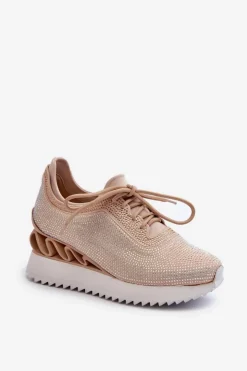 Damskie Damskie buty S.Barski Sneakersy Damskie Na Koturnie Zdobione Cyrkoniami D&A MR38-377 Beżowe