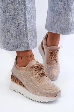 Damskie Damskie buty S.Barski Sneakersy Damskie Na Koturnie Zdobione Cyrkoniami D&A MR38-377 Beżowe