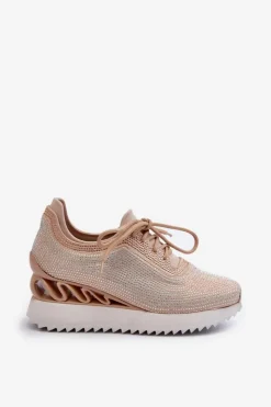 Damskie Damskie buty S.Barski Sneakersy Damskie Na Koturnie Zdobione Cyrkoniami D&A MR38-377 Beżowe