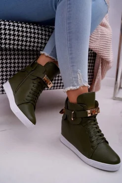 Damskie Boto Sneakersy Damskie Na Koturnie Złota Kłódka Oliwkowe Tersey