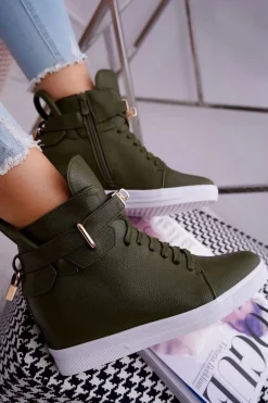 Damskie Boto Sneakersy Damskie Na Koturnie Złota Kłódka Oliwkowe Tersey