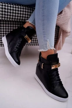 Boto Sneakersy Damskie Na Koturnie Złota Kłódka Czarne Tersey