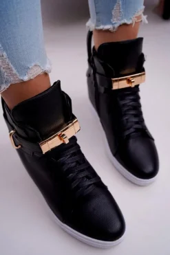 Boto Sneakersy Damskie Na Koturnie Złota Kłódka Czarne Tersey