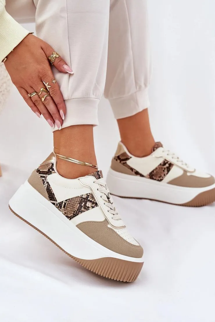 Boto Buty Sportowe Na Platformie|Sneakersy Damskie*Sneakersy Damskie Na Masywnej Platformie Zwierzęcy Wzór Beżowe Telanila Beżowy