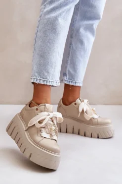 Clearance CheBello Sneakersy Damskie Na Masywnej Podeszwie Ze Złotą Ozdobą 4530 Beżowe Beżowy