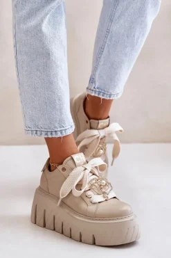 Clearance CheBello Sneakersy Damskie Na Masywnej Podeszwie Ze Złotą Ozdobą 4530 Beżowe Beżowy