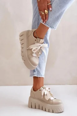 Clearance CheBello Sneakersy Damskie Na Masywnej Podeszwie Ze Złotą Ozdobą 4530 Beżowe Beżowy
