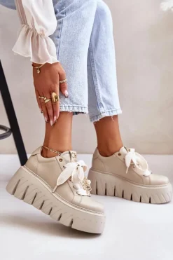 Clearance CheBello Sneakersy Damskie Na Masywnej Podeszwie Ze Złotą Ozdobą 4530 Beżowe Beżowy