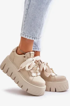 Clearance CheBello Sneakersy Damskie Na Masywnej Podeszwie Ze Złotą Ozdobą 4530 Beżowe Beżowy