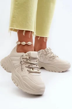 Boto Sneakersy Damskie*Sneakersy Damskie Na Masywnej Podeszwie Z Ozdobnym Sznurowaniem Beżowe Relissa Beżowy