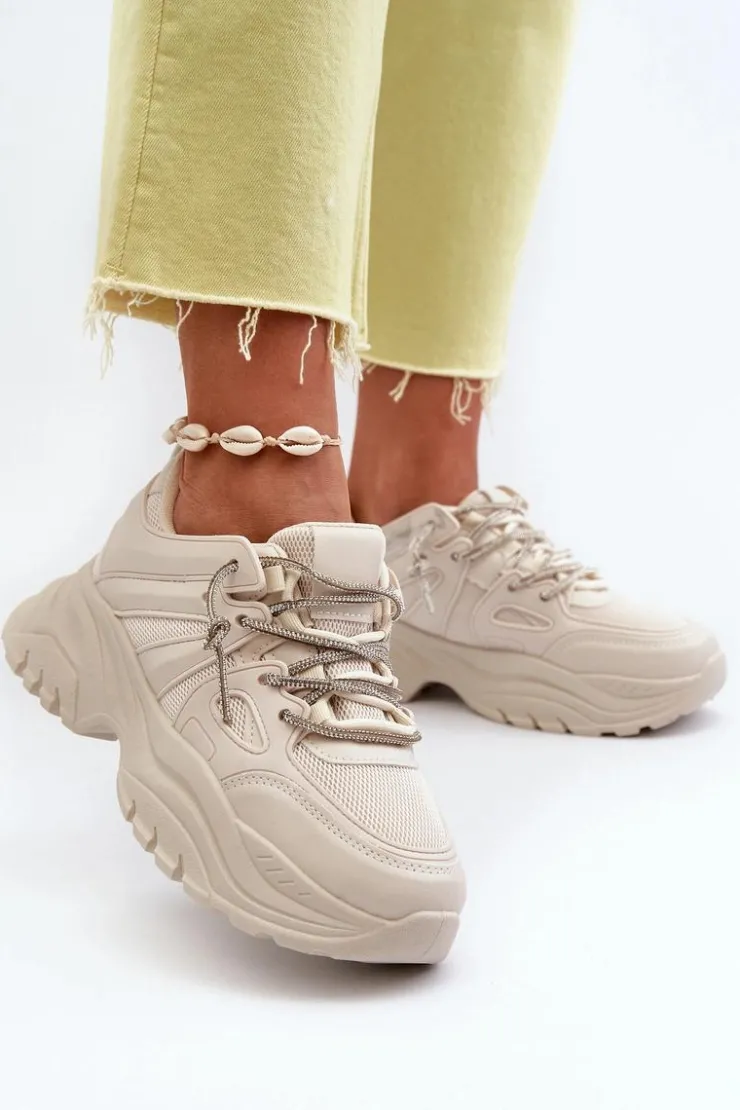 Boto Sneakersy Damskie*Sneakersy Damskie Na Masywnej Podeszwie Z Ozdobnym Sznurowaniem Beżowe Relissa Beżowy