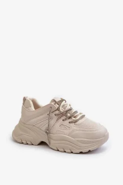Boto Sneakersy Damskie*Sneakersy Damskie Na Masywnej Podeszwie Z Ozdobnym Sznurowaniem Beżowe Relissa Beżowy