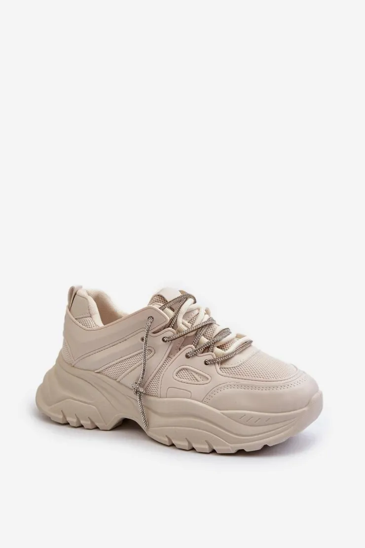 Boto Sneakersy Damskie*Sneakersy Damskie Na Masywnej Podeszwie Z Ozdobnym Sznurowaniem Beżowe Relissa Beżowy