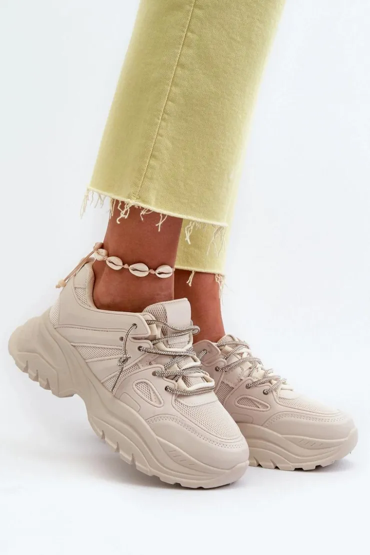Boto Sneakersy Damskie*Sneakersy Damskie Na Masywnej Podeszwie Z Ozdobnym Sznurowaniem Beżowe Relissa Beżowy