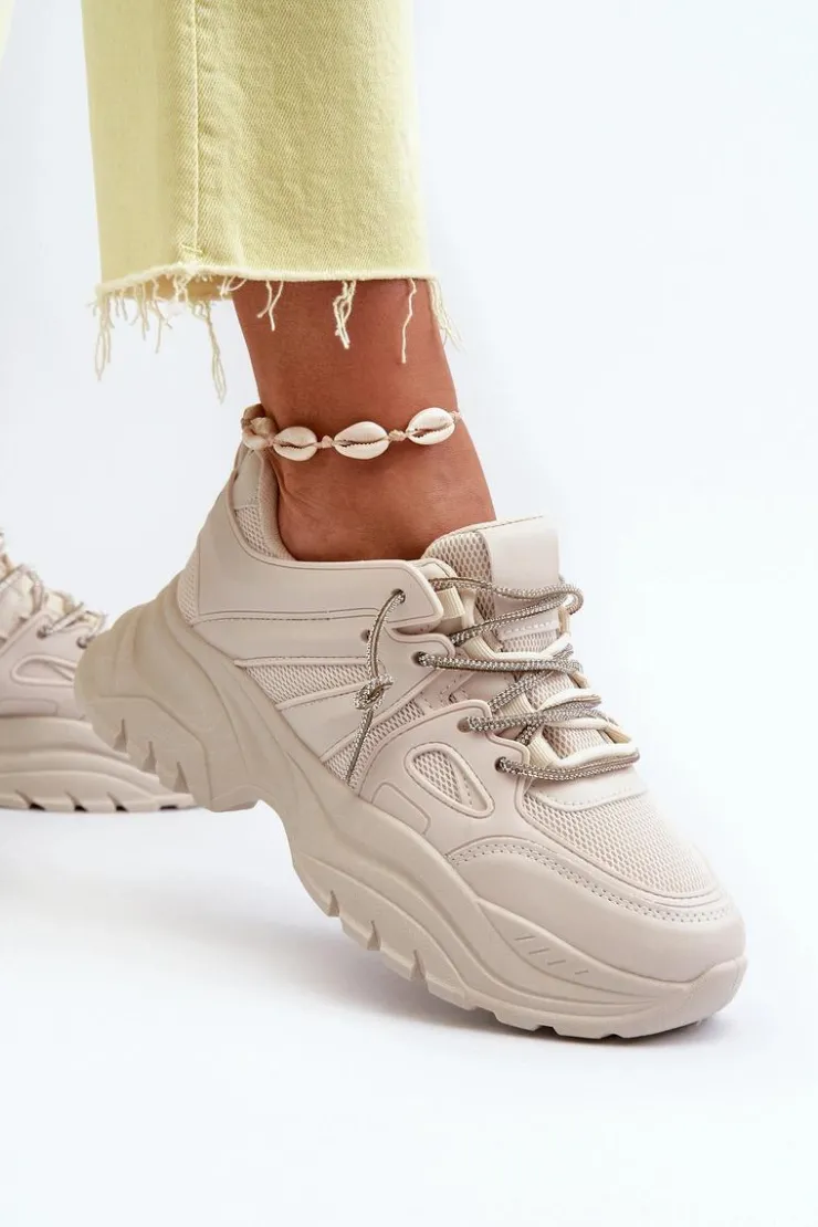 Boto Sneakersy Damskie*Sneakersy Damskie Na Masywnej Podeszwie Z Ozdobnym Sznurowaniem Beżowe Relissa Beżowy