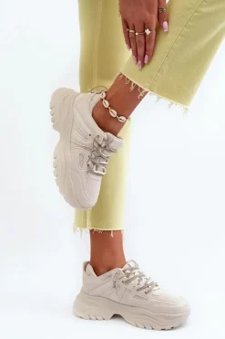 Boto Sneakersy Damskie*Sneakersy Damskie Na Masywnej Podeszwie Z Ozdobnym Sznurowaniem Beżowe Relissa Beżowy