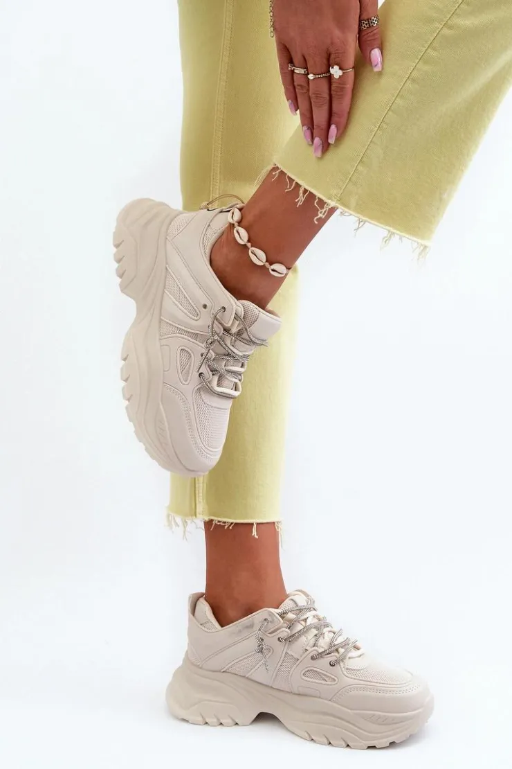 Boto Sneakersy Damskie*Sneakersy Damskie Na Masywnej Podeszwie Z Ozdobnym Sznurowaniem Beżowe Relissa Beżowy
