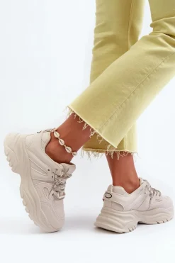 Boto Sneakersy Damskie*Sneakersy Damskie Na Masywnej Podeszwie Z Ozdobnym Sznurowaniem Beżowe Relissa Beżowy